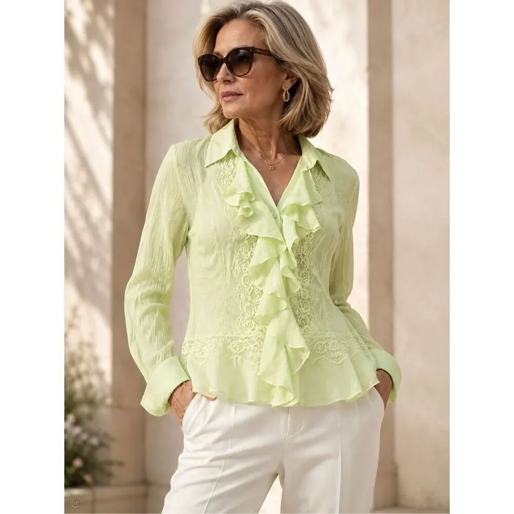 Sunny Leigh Blouse, Ruffle Front Top, Lace Detail Blouse, Lime Green Blouse, Car